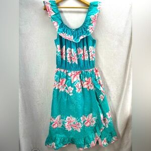 Vintage Hawaiian Maxi Dress 16 Aikane Tropical Floral Hibiscus Blue/Pink Ruffles